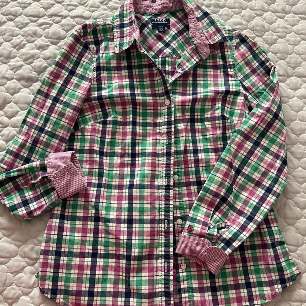 Izod Green and Pink Button Down Shirt Classic Plaid Design